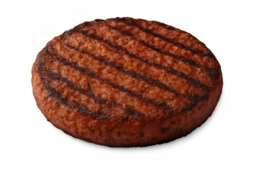 Plant-based burger patty, grilled with char marks, offering a healthy and delicious meat alternative, transparent background