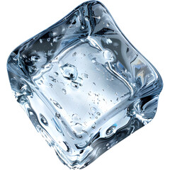 Single transparent ice cube isolated on white background, ideal for beverage, freshness, and minimal design themes.