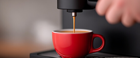 Close-up shot of a modern black espresso machine dispensing coffee into a vibrant red mug. The warm, rich liquid cascades down, creating a delightful aroma and a perfect morning ritual.