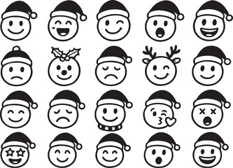 hand drawn christmas doodle emoticon set - 20 festive chalk style faces on white background