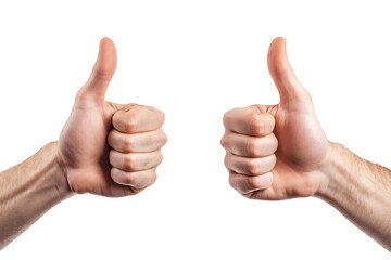 Thumbs up gesture from two caucasian hands showing success and approval isolated on transparent background