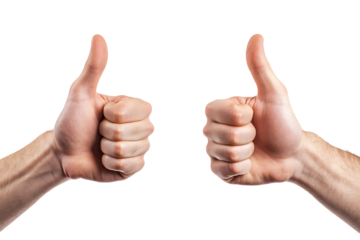 Thumbs up gesture from two caucasian hands showing success and approval isolated on transparent background