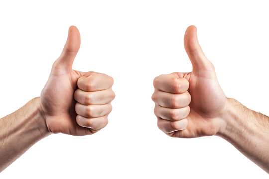 Thumbs up gesture from two caucasian hands showing success and approval isolated on transparent background
