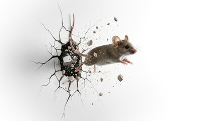 Naklejka premium mouse busting or breaking through a wall on a solid white background, animal photo