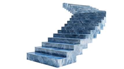 Curved spiral staircase made of blue and white marble texture on a smooth light gray background abstract architectural design element isolated on transparent background