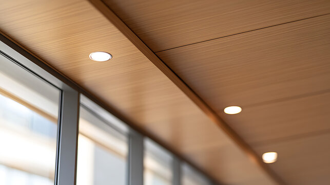 A well lit room with wood paneling and minimalist recessed lighting, showcasing modern interior design elements with a bright and inviting ambiance.