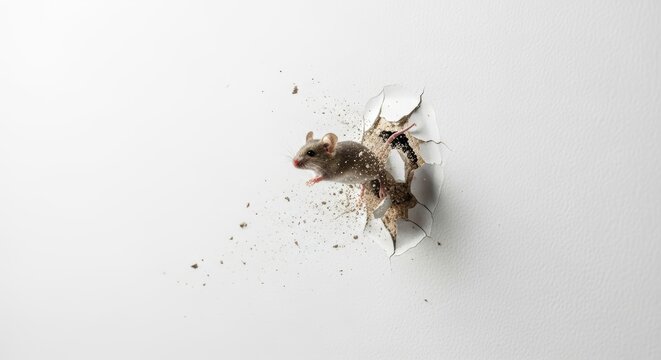 mouse busting or breaking through a wall on a solid white background, animal photo