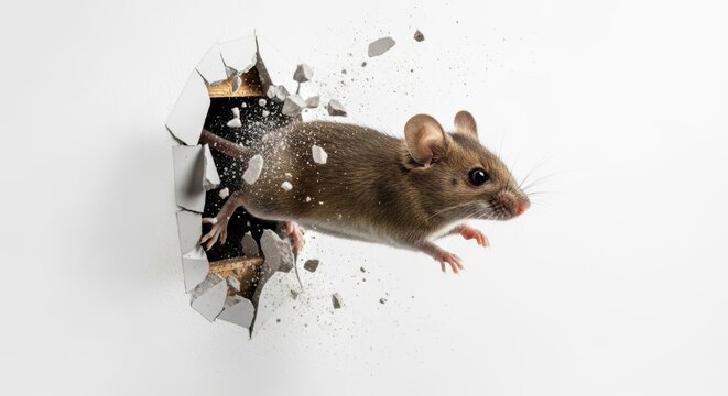 mouse busting or breaking through a wall on a solid white background, animal photo