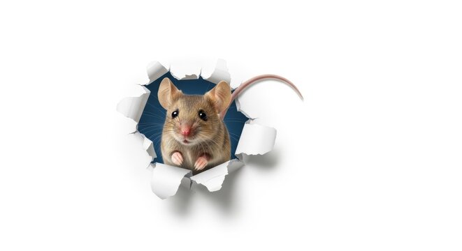 mouse busting or breaking through a wall on a solid white background, animal photo