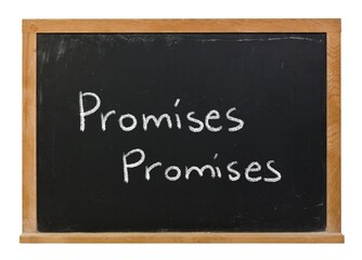 Obraz premium Promises promises handwritten in white chalk on a black chalkboard isolated in a wooden frame
