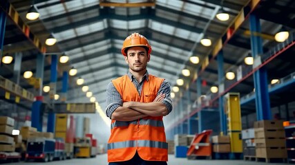 Confident factory worker in orange safety vest and helmet stands with arms crossed in modern warehouse - Powered by Adobe