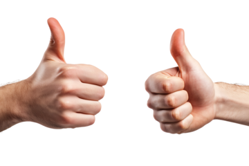 Two male hands giving a double thumbs up sign of approval success and agreement gesture in front of a neutral gray wall isolated on transparent background