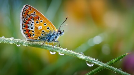 Obraz premium Close-Up of Colorful Butterfly on Dewy Green Blade of Grass in Natural Outdoor Setting, Capturing Nature's Beauty and Delicate Details