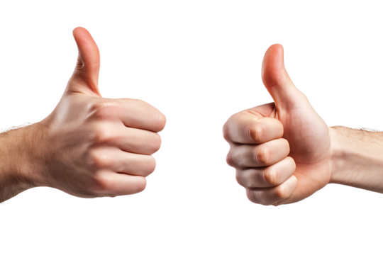 Two male hands giving a double thumbs up sign of approval success and agreement gesture in front of a neutral gray wall isolated on transparent background