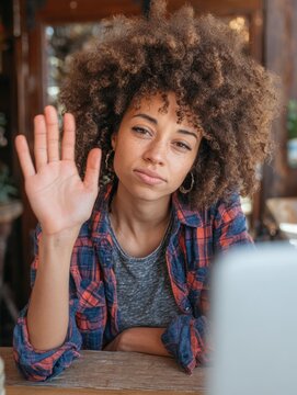 pretty young african american mixed race hipster vlogger woman with afro hair waving hand looking at webcam talking to camera sits at cafe table video calling recording blog headshot portrait no logo