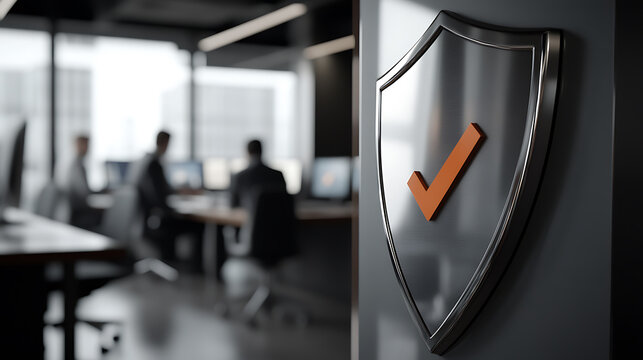 Metal shield with orange checkmark signifies a secure environment. Modern office background with blurred figures adds a professional touch. Security and safety in business.
