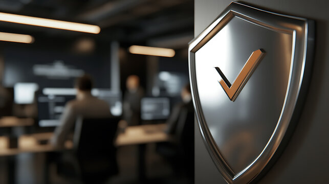 A gleaming shield with a prominent checkmark takes center stage, symbolizing security. In the soft-focus background, workers focus on their computers, creating a sense of vigilance.