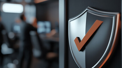 Shield with checkmark symbolizes security, in a dark office setting. Represents safety measures, secure systems, and data protection with advanced tech solutions.