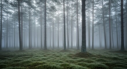 Misty Forest At Dawn. A serene pine forest draped in dense morning fog, with soft moss covering the ground and tall trees fading into calm, ethereal silence.