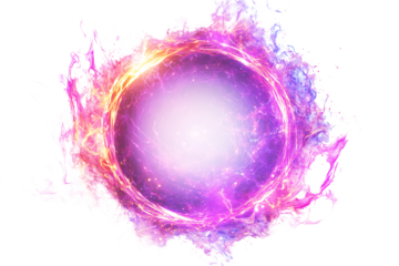Glowing vibrant purple and pink energy ball surrounded by swirling fire smoke and plasma abstract magical power force isolated on transparent background