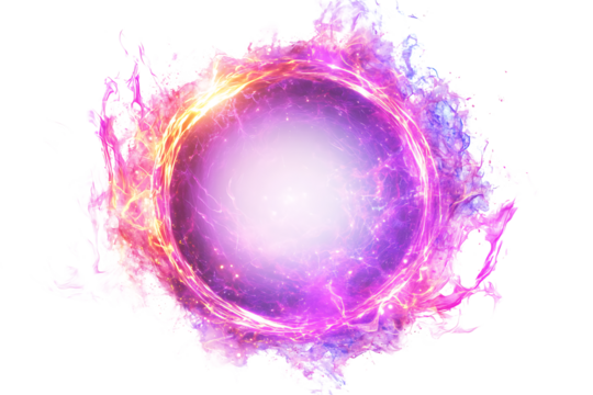 Glowing vibrant purple and pink energy ball surrounded by swirling fire smoke and plasma abstract magical power force isolated on transparent background