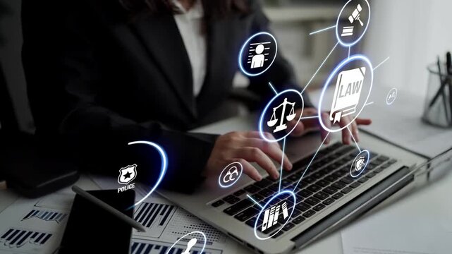 Law icons illustrate justice, court, and regulation system. Law represents fairness, law supports police, and law connects with rules, rights, and enforcement. Funnel