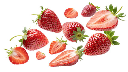 Fresh strawberries background, whole and sliced strawberry pieces, healthy fruit, sweet and juicy berries