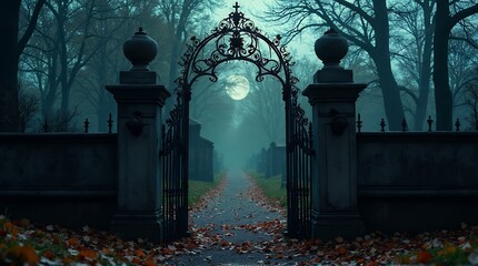Eerie moonlight illuminates a gothic cemetery gate in autumn, perfect for Halloween designs or atmospheric book covers, a spooky yet beautiful scene