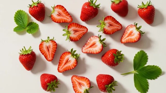 Fresh ripe red strawberries and leaves arranged on a white surface