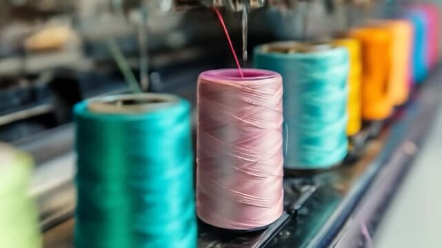 Colorful spools of thread lined up on a sewing machine