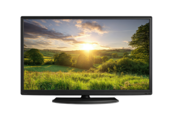 Flat-screen TV displaying a landscape at sunrise.  A modern, dark gray television shows a vibrant sunrise over rolling green hills and lush trees