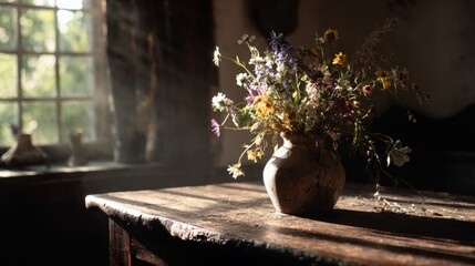 Serene Still Life of Wildflowers in Rustic Vase on Wooden Table with Soft Sunlight Illuminating Cozy Interior Space