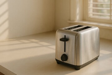 Stainless Toaster In Sunlit Kitchen. A compact stainless steel toaster rests on a bright kitchen counter, lit by warm morning sunlight streaming through window blinds.