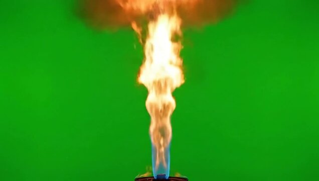 Reverse Effect Fire and Smoke Snapping into Single Blue Flame on Green Screen