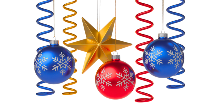 Three festive christmas ornaments and a golden star hanging with colorful streamers isolated on transparent background