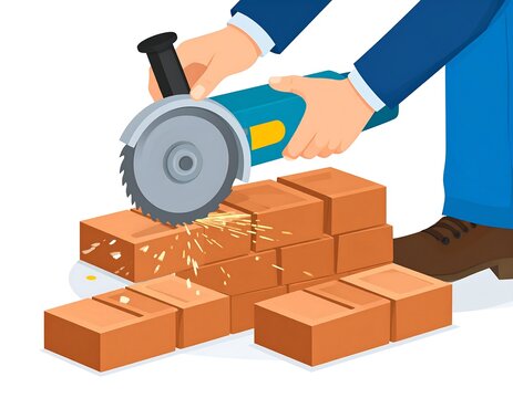 A person in business attire cuts through a brick wall with a circular saw. Sparks fly
