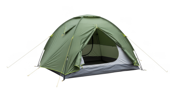Green camping tent against dark backdrop
