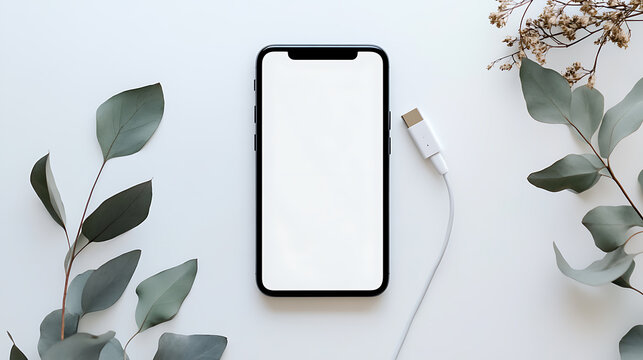 Minimalist mobile phone charging setup. Clean white surface with a sleek black phone, connected to a cable, surrounded by elegant botanical accents. A modern tech & nature blend.