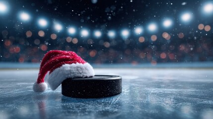 a hockey puck with a red santa hat on an ice rink with blurred stadium lights in the background merry christmas banner poster created with generaitve ai
