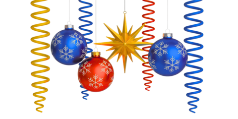 Festive christmas ornaments and star decoration hanging with colorful streamers isolated on transparent background