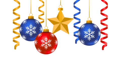 Festive christmas ornaments and ribbons hanging isolated on transparent background