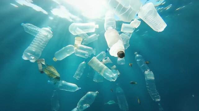 Plastic waste floating underwater, plastic bottles and cups drifting in the deep blue ocean, sunlight piercing through the water, marine pollution, environmental crisis