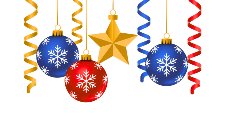 Festive christmas ornaments and ribbons hanging isolated on transparent background - Powered by Adobe