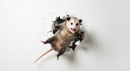 opossum busting or breaking through a wall on a solid white background, animal photo