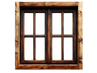 Traditional rustic dark brown wooden window frame with glass panes and a weathered look, featuring six rectangular divisions isolated on transparent background