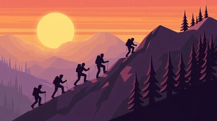 Fototapeta premium Silhouettes Of Hikers Ascending A Mountain At Sunset With Orange Sky hiking climbing