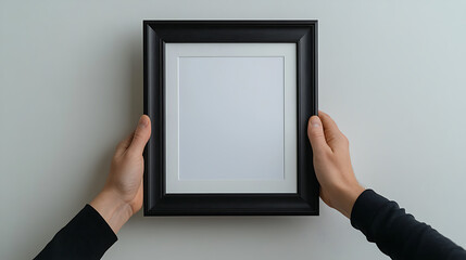 Person holding a blank frame against a white wall, showcasing minimalist design and art display potential, providing an opportunity for creative personalization and home decor ideas.