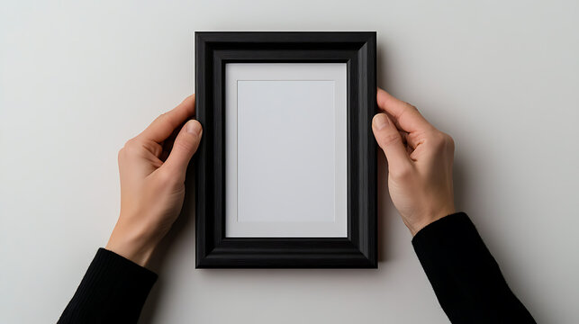 Black photo frame held by hands against a white wall, inviting personalized touch. Ready for a cherished memory or a creative design. Space for customization.