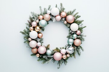 Pastel Christmas Wreath with Rose Gold and Pink Ornaments on Evergreen Branches on White Background.