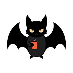Cute bat holding a coffee cup with a grumpy expression